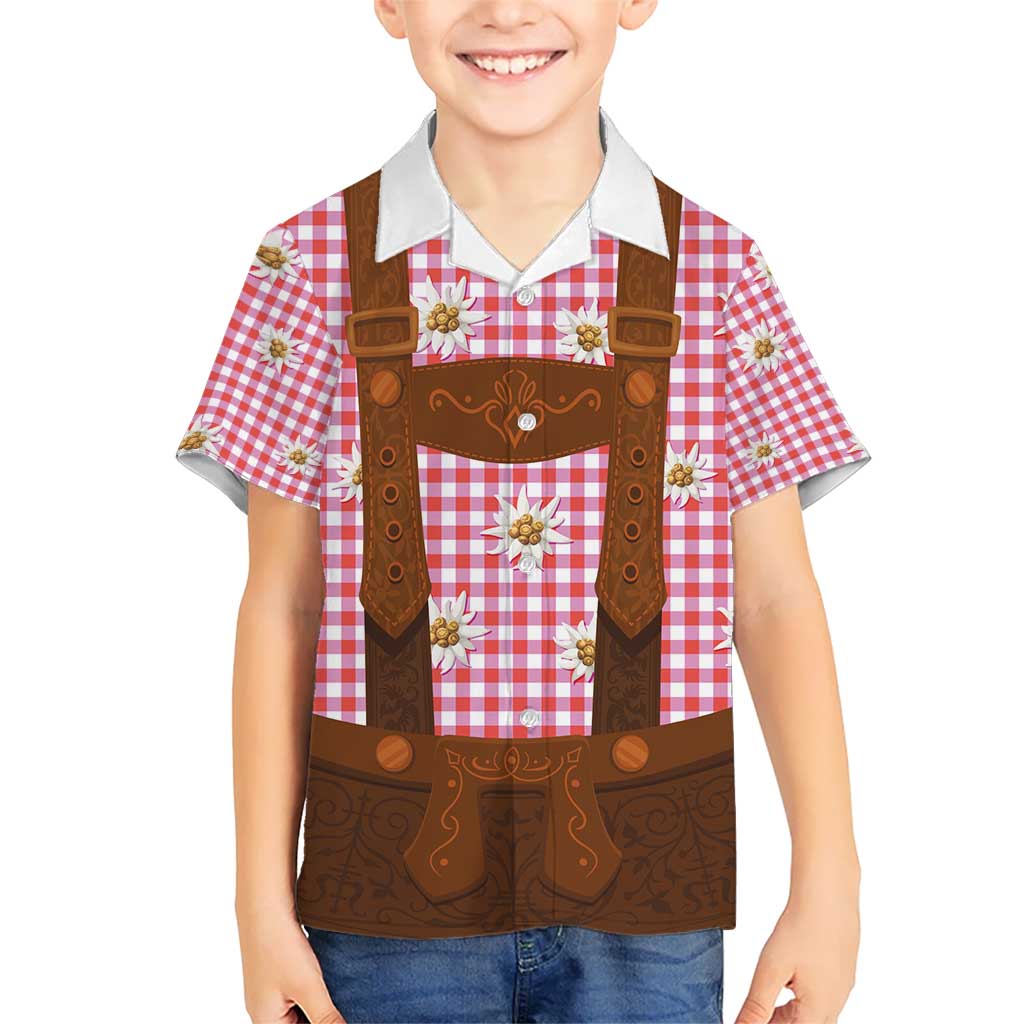 Traditional German Costume - Lederhosen Hawaiian Shirt Red Plaid Pattern with Edelweiss Flowers - Wonder Print Shop