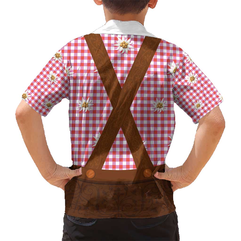 Traditional German Costume - Lederhosen Hawaiian Shirt Red Plaid Pattern with Edelweiss Flowers - Wonder Print Shop