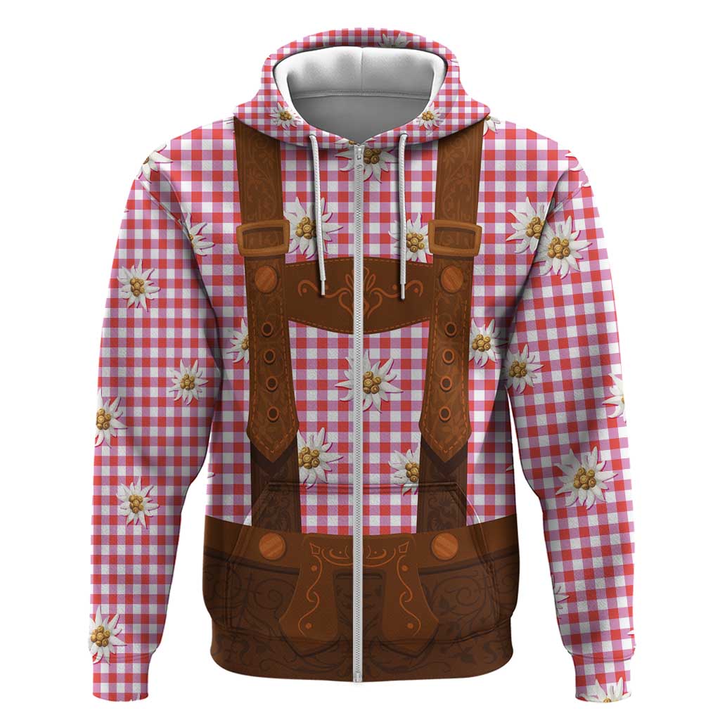 Traditional German Costume - Lederhosen Hoodie Red Plaid Pattern with Edelweiss Flowers - Wonder Print Shop