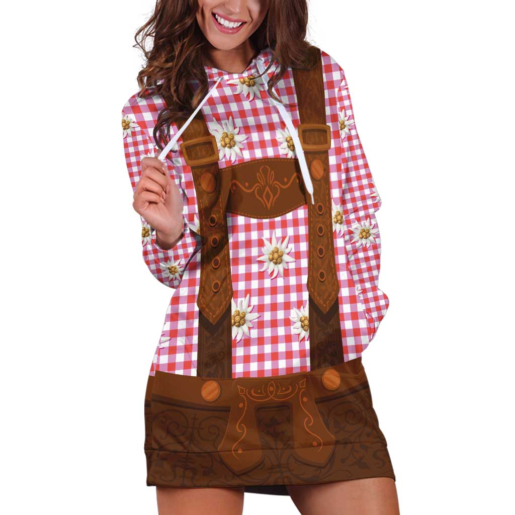 Traditional German Costume - Lederhosen Hoodie Dress Red Plaid Pattern with Edelweiss Flowers - Wonder Print Shop