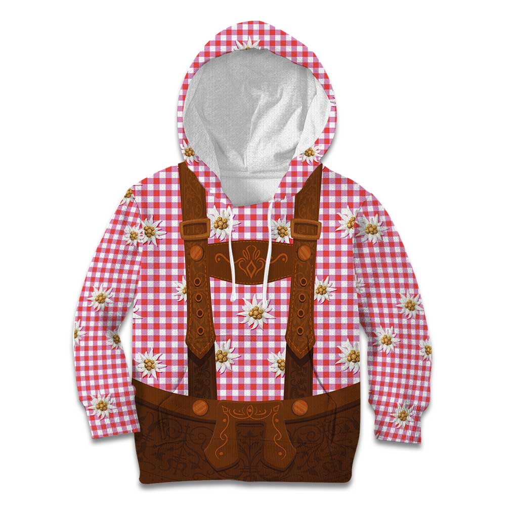 Traditional German Costume - Lederhosen Kid Hoodie Red Plaid Pattern with Edelweiss Flowers - Wonder Print Shop