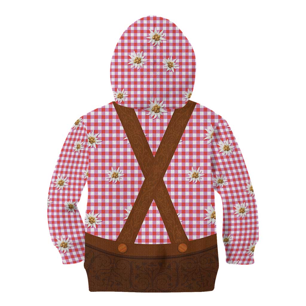 Traditional German Costume - Lederhosen Kid Hoodie Red Plaid Pattern with Edelweiss Flowers - Wonder Print Shop