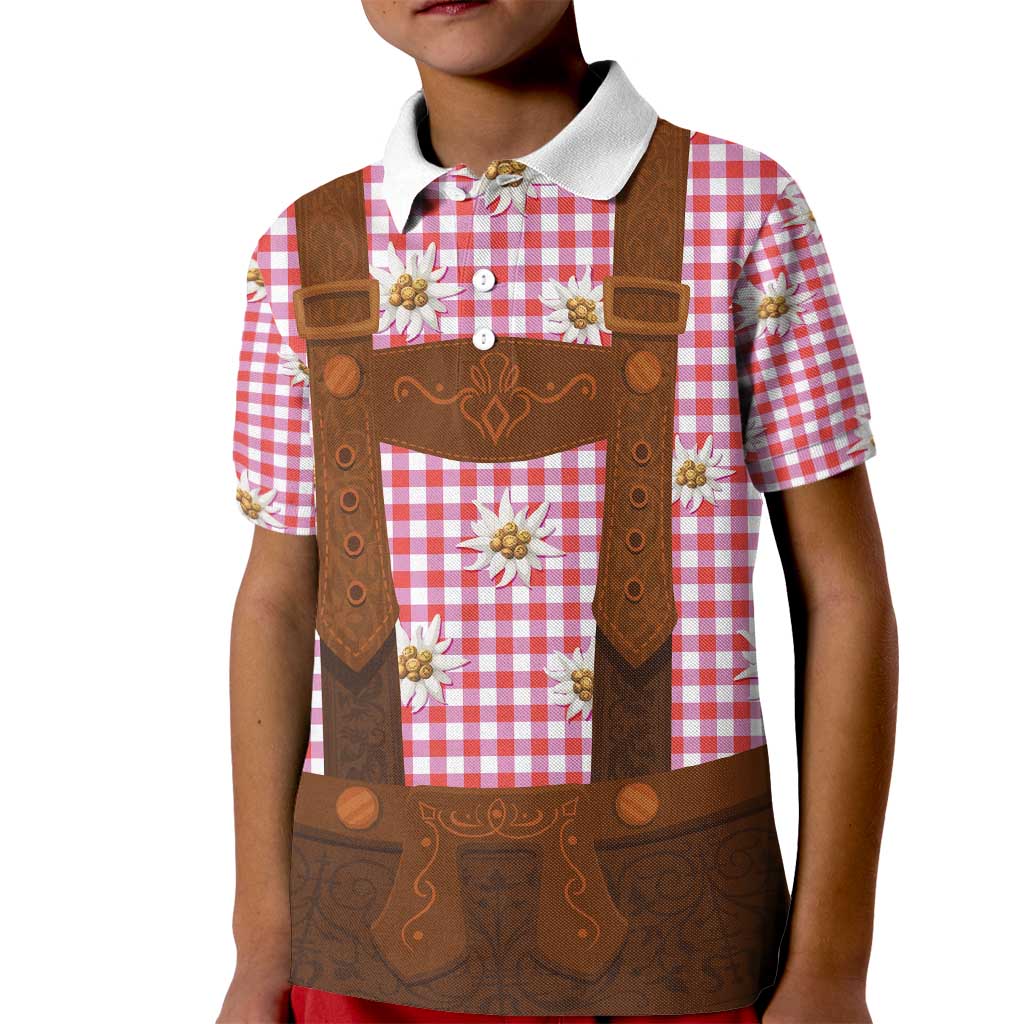 Traditional German Costume - Lederhosen Kid Polo Shirt Red Plaid Pattern with Edelweiss Flowers - Wonder Print Shop