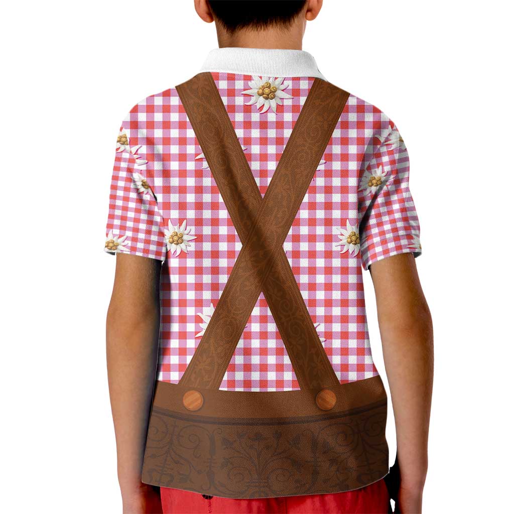 Traditional German Costume - Lederhosen Kid Polo Shirt Red Plaid Pattern with Edelweiss Flowers - Wonder Print Shop