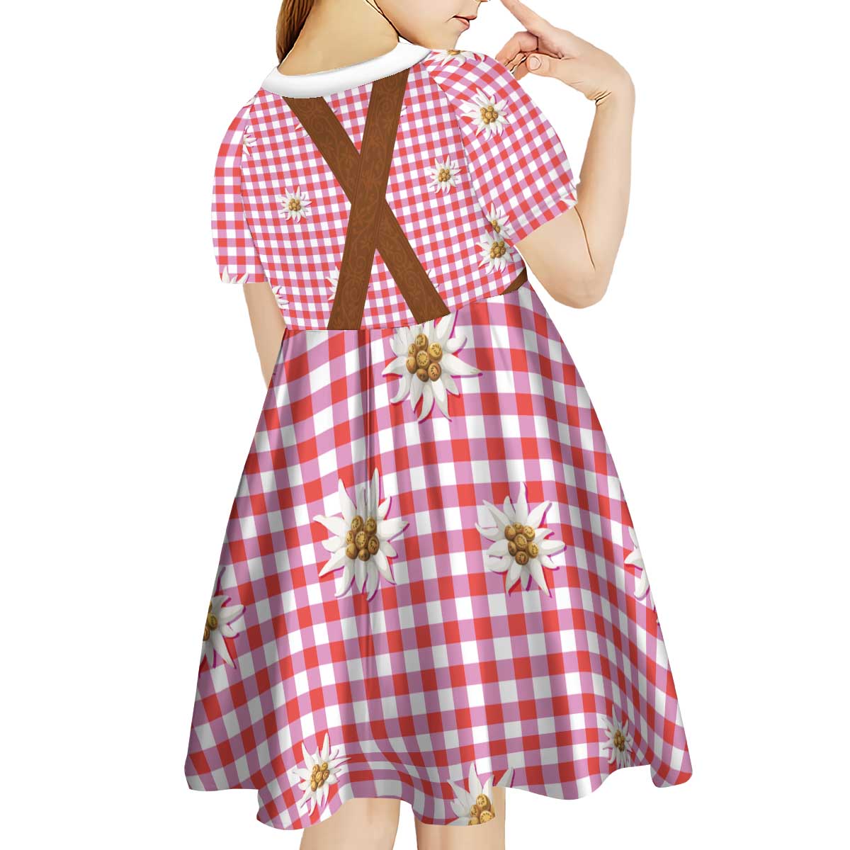 Traditional German Costume - Lederhosen Kid Short Sleeve Dress Red Plaid Pattern with Edelweiss Flowers - Wonder Print Shop
