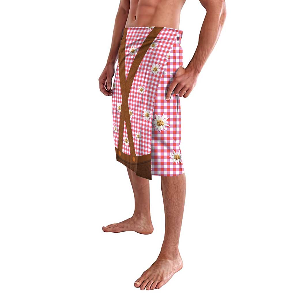 Traditional German Costume - Lederhosen Lavalava Red Plaid Pattern with Edelweiss Flowers - Wonder Print Shop