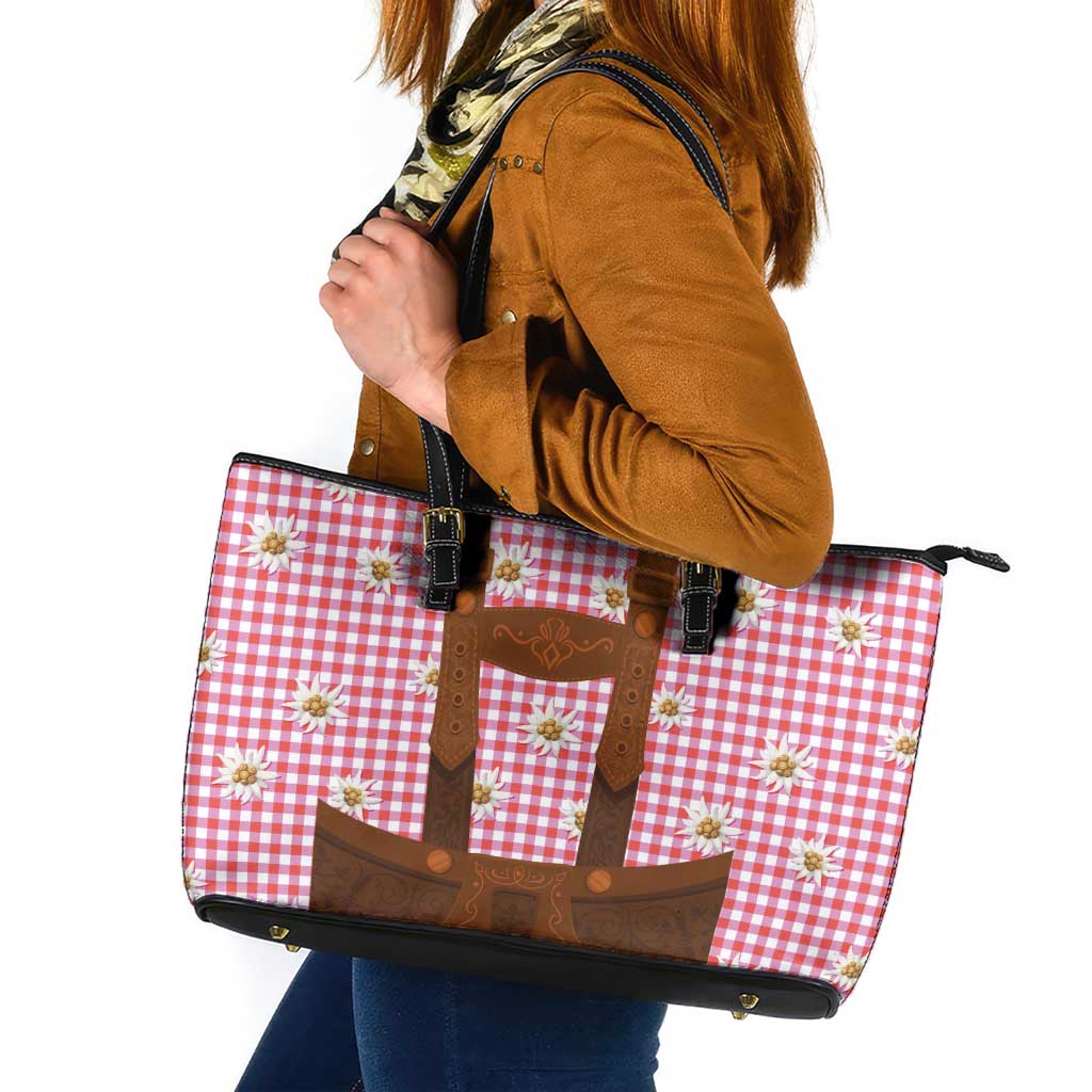 Traditional German Costume - Lederhosen Leather Tote Bag Red Plaid Pattern with Edelweiss Flowers