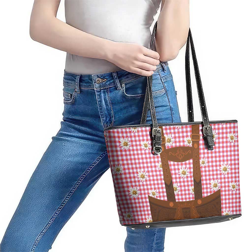 Traditional German Costume - Lederhosen Leather Tote Bag Red Plaid Pattern with Edelweiss Flowers