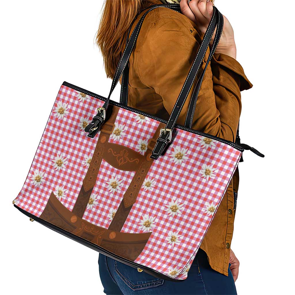 Traditional German Costume - Lederhosen Leather Tote Bag Red Plaid Pattern with Edelweiss Flowers