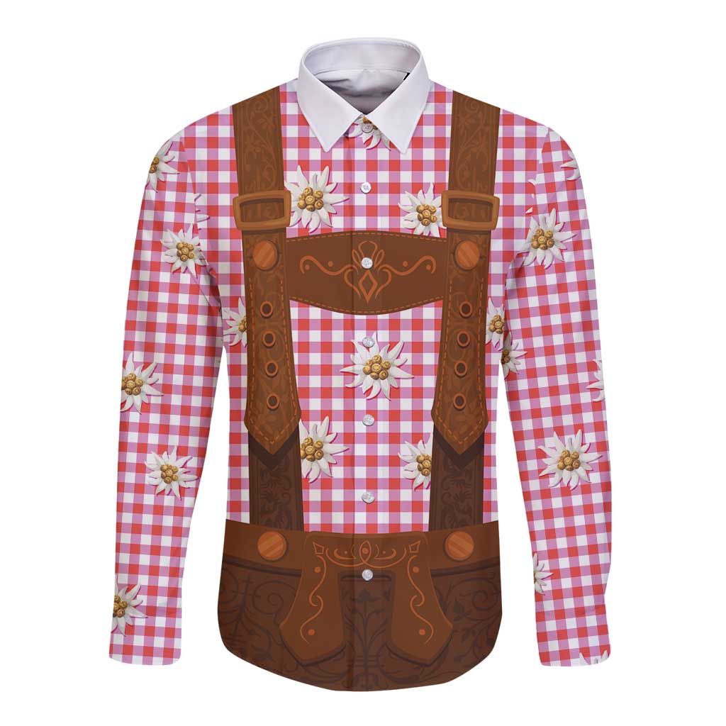 Traditional German Costume - Lederhosen Long Sleeve Button Shirt Red Plaid Pattern with Edelweiss Flowers