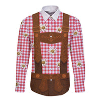 Traditional German Costume - Lederhosen Long Sleeve Button Shirt Red Plaid Pattern with Edelweiss Flowers