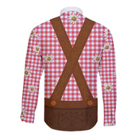 Traditional German Costume - Lederhosen Long Sleeve Button Shirt Red Plaid Pattern with Edelweiss Flowers