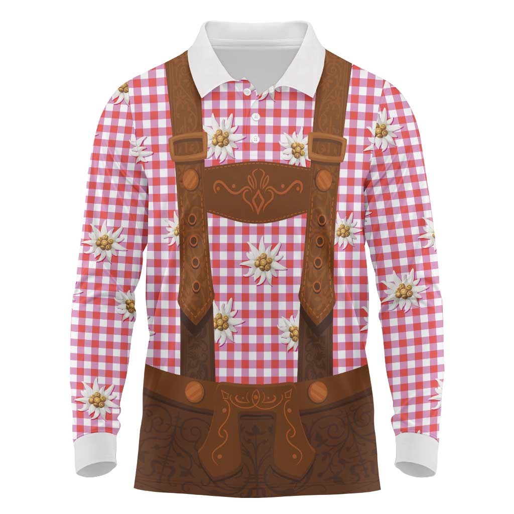 Traditional German Costume - Lederhosen Long Sleeve Polo Shirt Red Plaid Pattern with Edelweiss Flowers - Wonder Print Shop