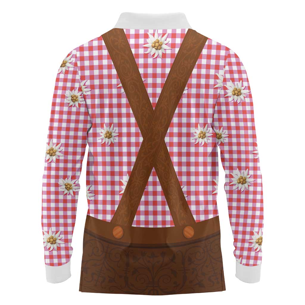 Traditional German Costume - Lederhosen Long Sleeve Polo Shirt Red Plaid Pattern with Edelweiss Flowers - Wonder Print Shop