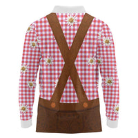 Traditional German Costume - Lederhosen Long Sleeve Polo Shirt Red Plaid Pattern with Edelweiss Flowers - Wonder Print Shop