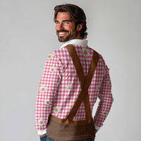 Traditional German Costume - Lederhosen Long Sleeve Polo Shirt Red Plaid Pattern with Edelweiss Flowers - Wonder Print Shop