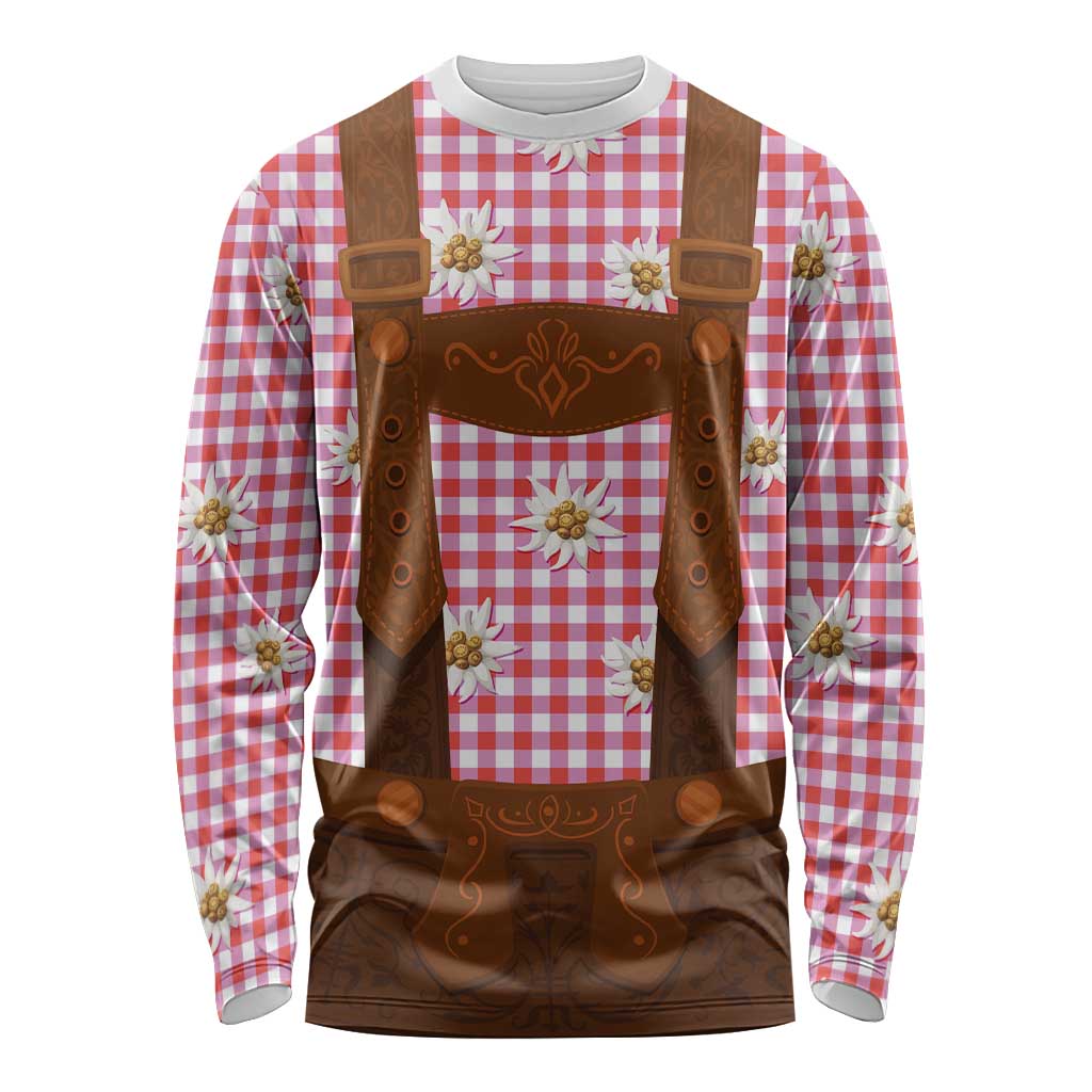 Traditional German Costume - Lederhosen Long Sleeve Shirt Red Plaid Pattern with Edelweiss Flowers - Wonder Print Shop