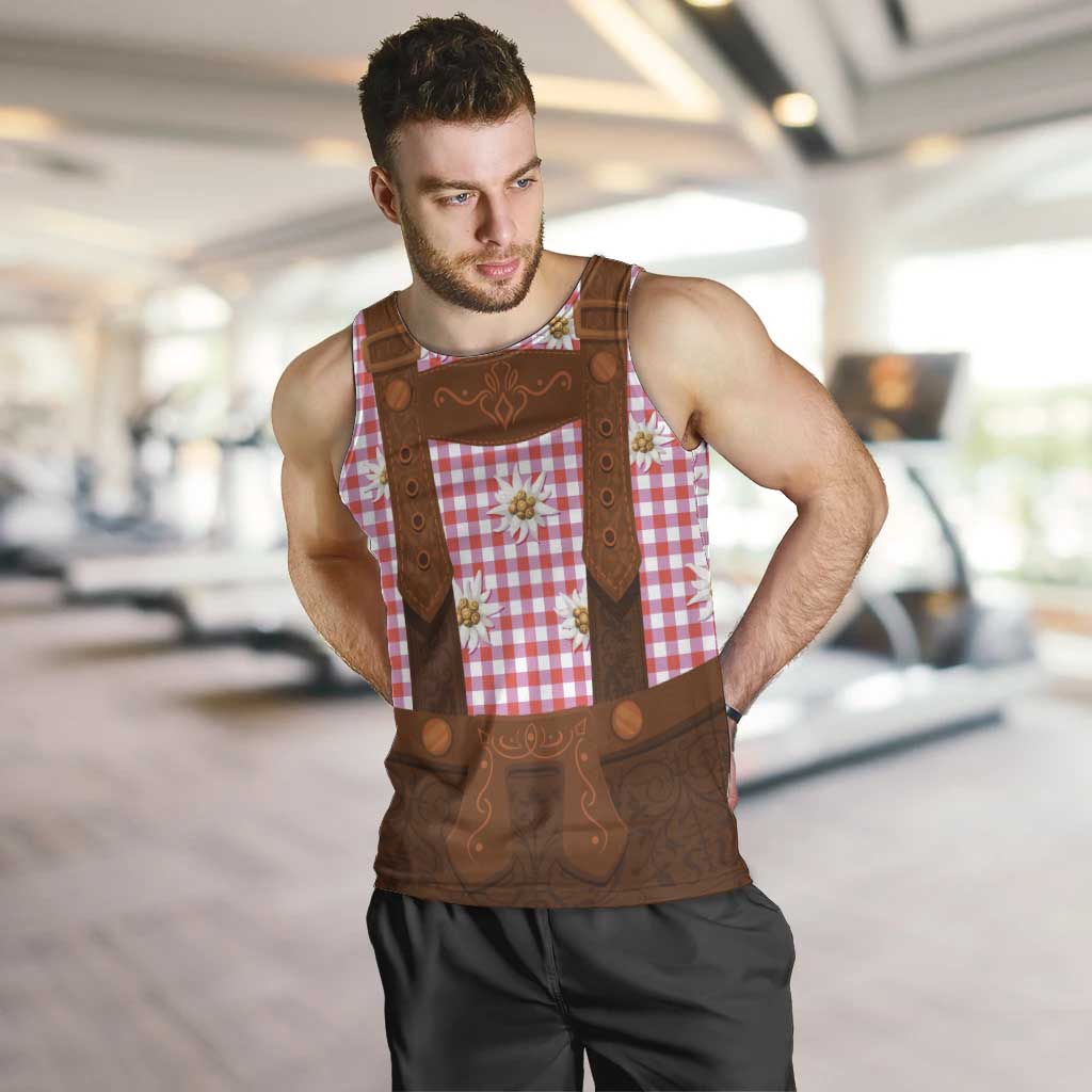 Traditional German Costume - Lederhosen Men Tank Top Red Plaid Pattern with Edelweiss Flowers - Wonder Print Shop