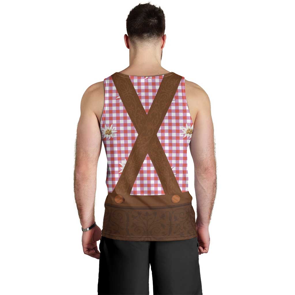 Traditional German Costume - Lederhosen Men Tank Top Red Plaid Pattern with Edelweiss Flowers - Wonder Print Shop