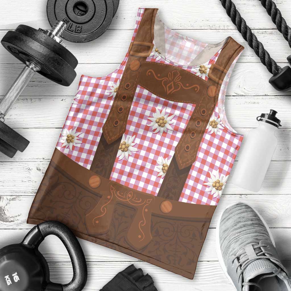Traditional German Costume - Lederhosen Men Tank Top Red Plaid Pattern with Edelweiss Flowers - Wonder Print Shop