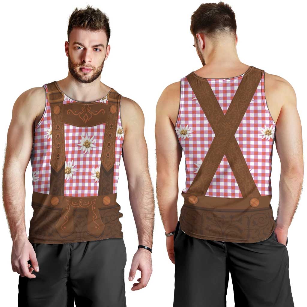 Traditional German Costume - Lederhosen Men Tank Top Red Plaid Pattern with Edelweiss Flowers - Wonder Print Shop