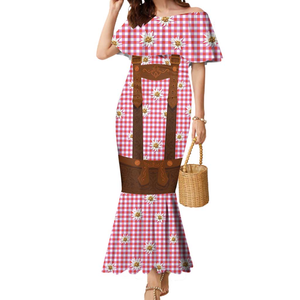 Traditional German Costume - Lederhosen Mermaid Dress Red Plaid Pattern with Edelweiss Flowers - Wonder Print Shop