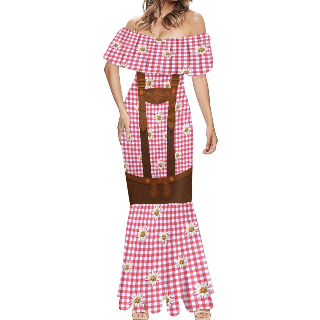 Traditional German Costume - Lederhosen Mermaid Dress Red Plaid Pattern with Edelweiss Flowers - Wonder Print Shop