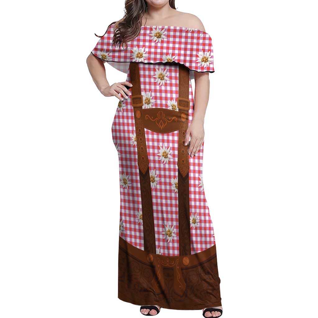 Traditional German Costume - Lederhosen Off Shoulder Maxi Dress Red Plaid Pattern with Edelweiss Flowers - Wonder Print Shop