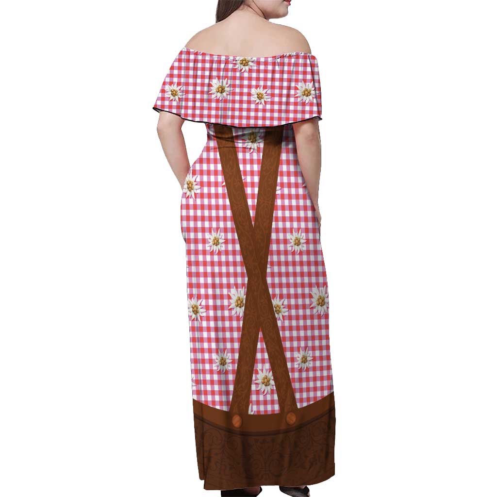 Traditional German Costume - Lederhosen Off Shoulder Maxi Dress Red Plaid Pattern with Edelweiss Flowers - Wonder Print Shop