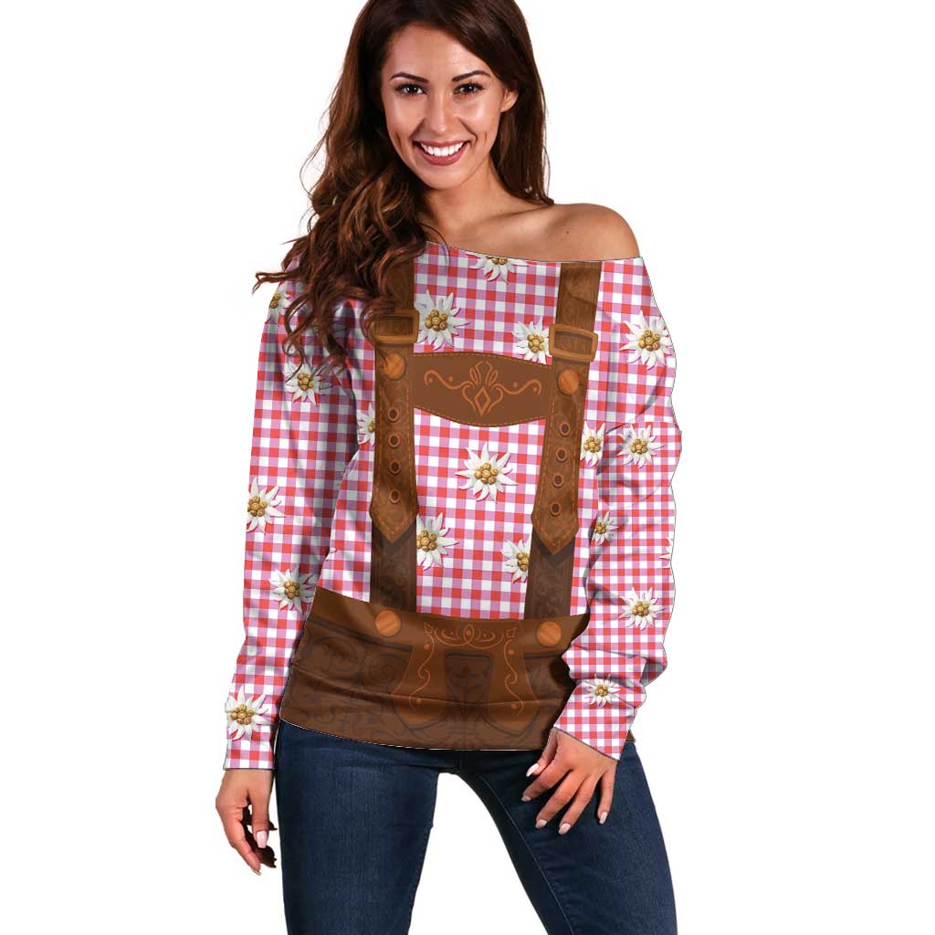 Traditional German Costume - Lederhosen Off Shoulder Sweater Red Plaid Pattern with Edelweiss Flowers - Wonder Print Shop