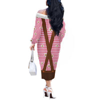 Traditional German Costume - Lederhosen Off The Shoulder Long Sleeve Dress Red Plaid Pattern with Edelweiss Flowers - Wonder Print Shop
