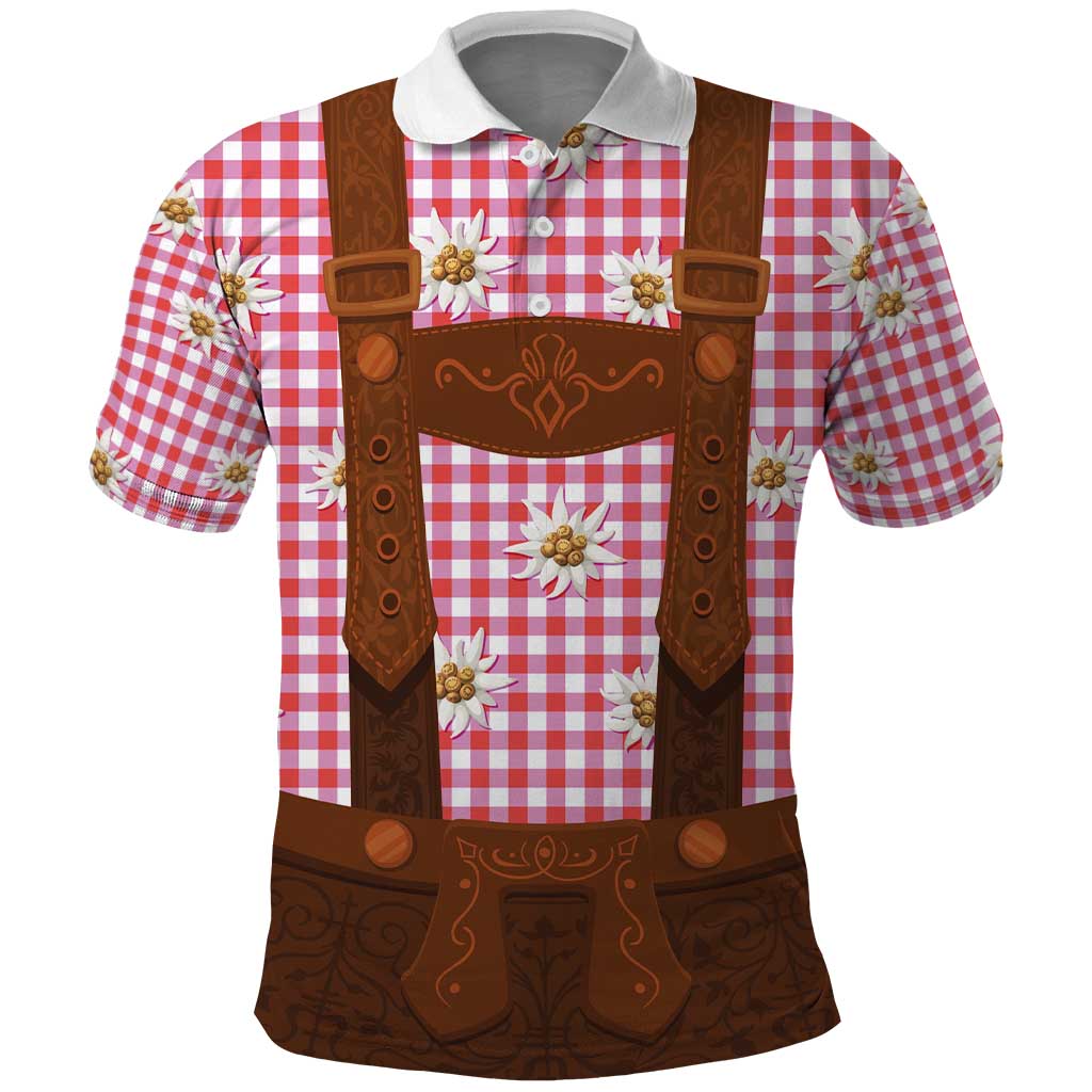 Traditional German Costume - Lederhosen Polo Shirt Red Plaid Pattern with Edelweiss Flowers - Wonder Print Shop