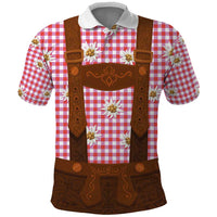 Traditional German Costume - Lederhosen Polo Shirt Red Plaid Pattern with Edelweiss Flowers - Wonder Print Shop