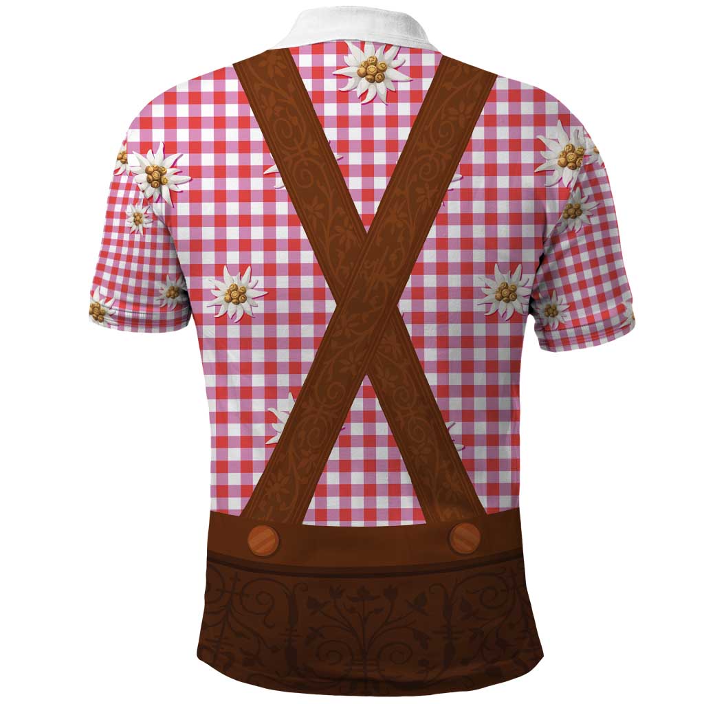Traditional German Costume - Lederhosen Polo Shirt Red Plaid Pattern with Edelweiss Flowers - Wonder Print Shop