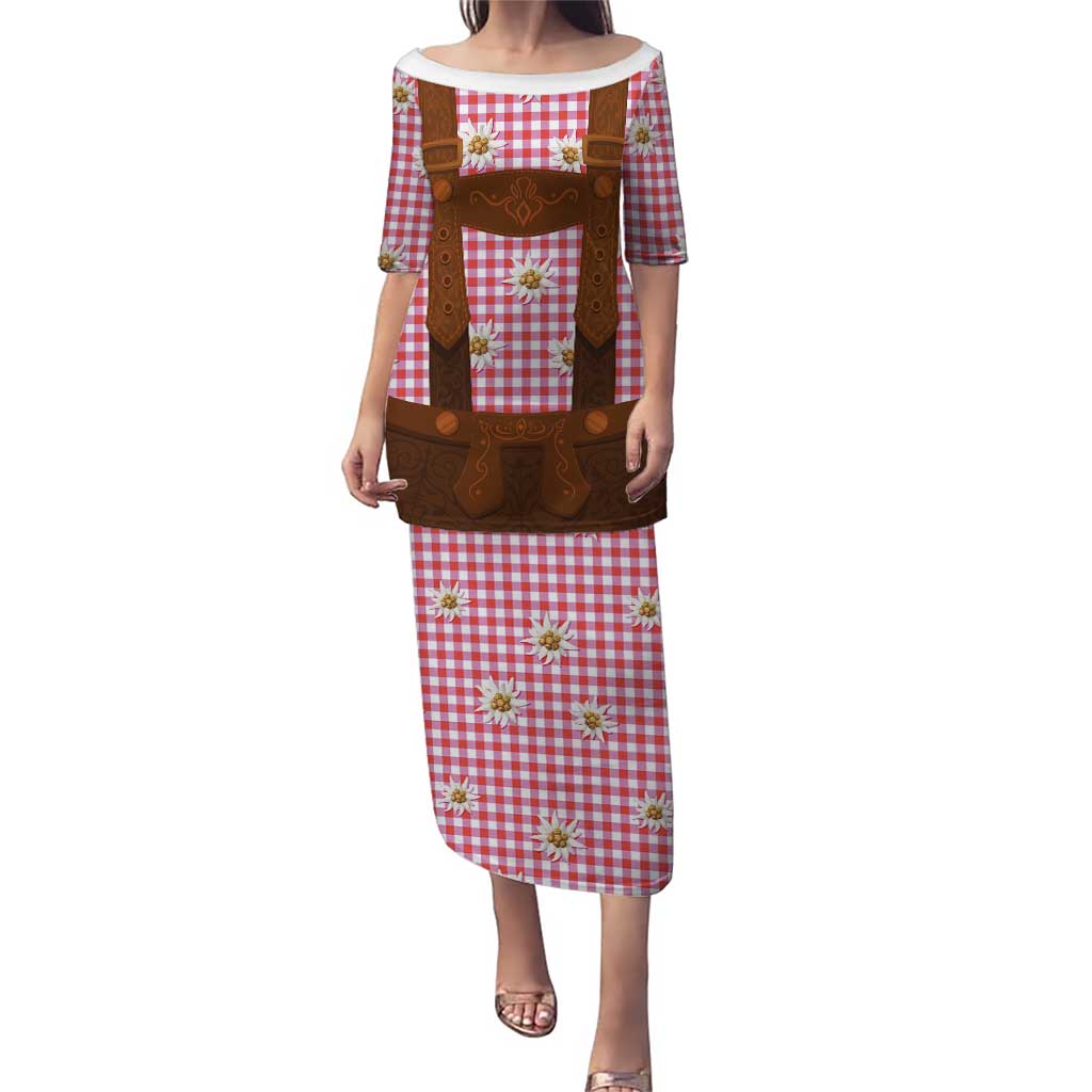 Traditional German Costume - Lederhosen Puletasi Red Plaid Pattern with Edelweiss Flowers - Wonder Print Shop
