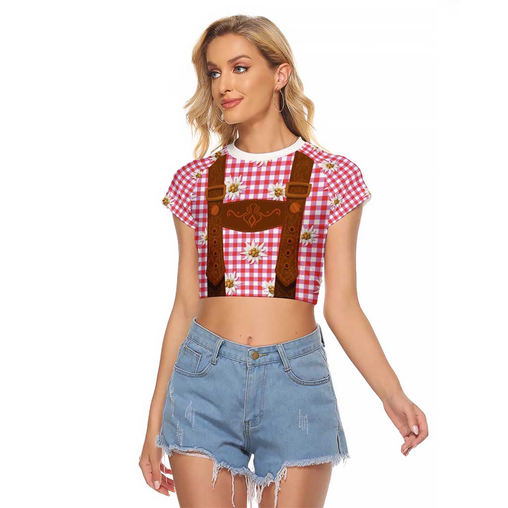 Traditional German Costume - Lederhosen Raglan Cropped T Shirt Red Plaid Pattern with Edelweiss Flowers - Wonder Print Shop