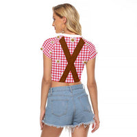 Traditional German Costume - Lederhosen Raglan Cropped T Shirt Red Plaid Pattern with Edelweiss Flowers - Wonder Print Shop