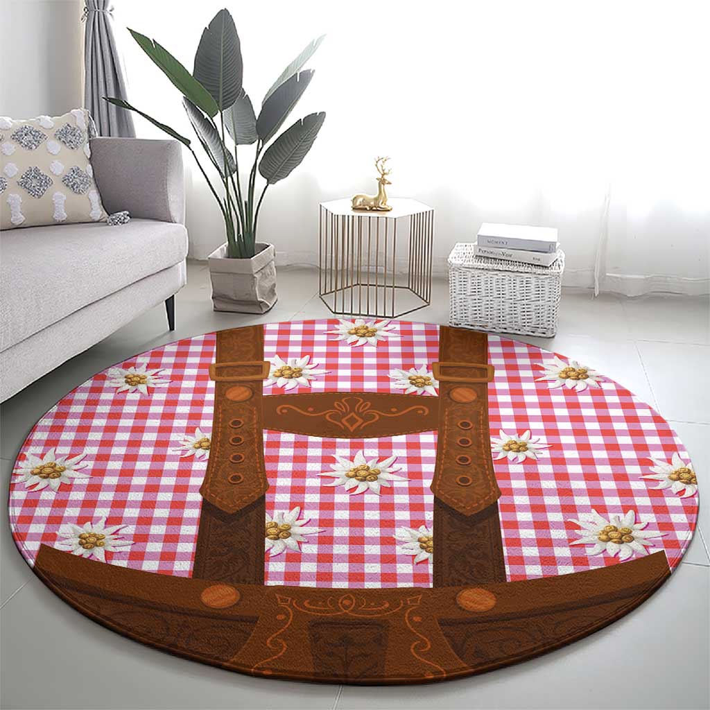 Traditional German Costume - Lederhosen Round Carpet Red Plaid Pattern with Edelweiss Flowers - Wonder Print Shop