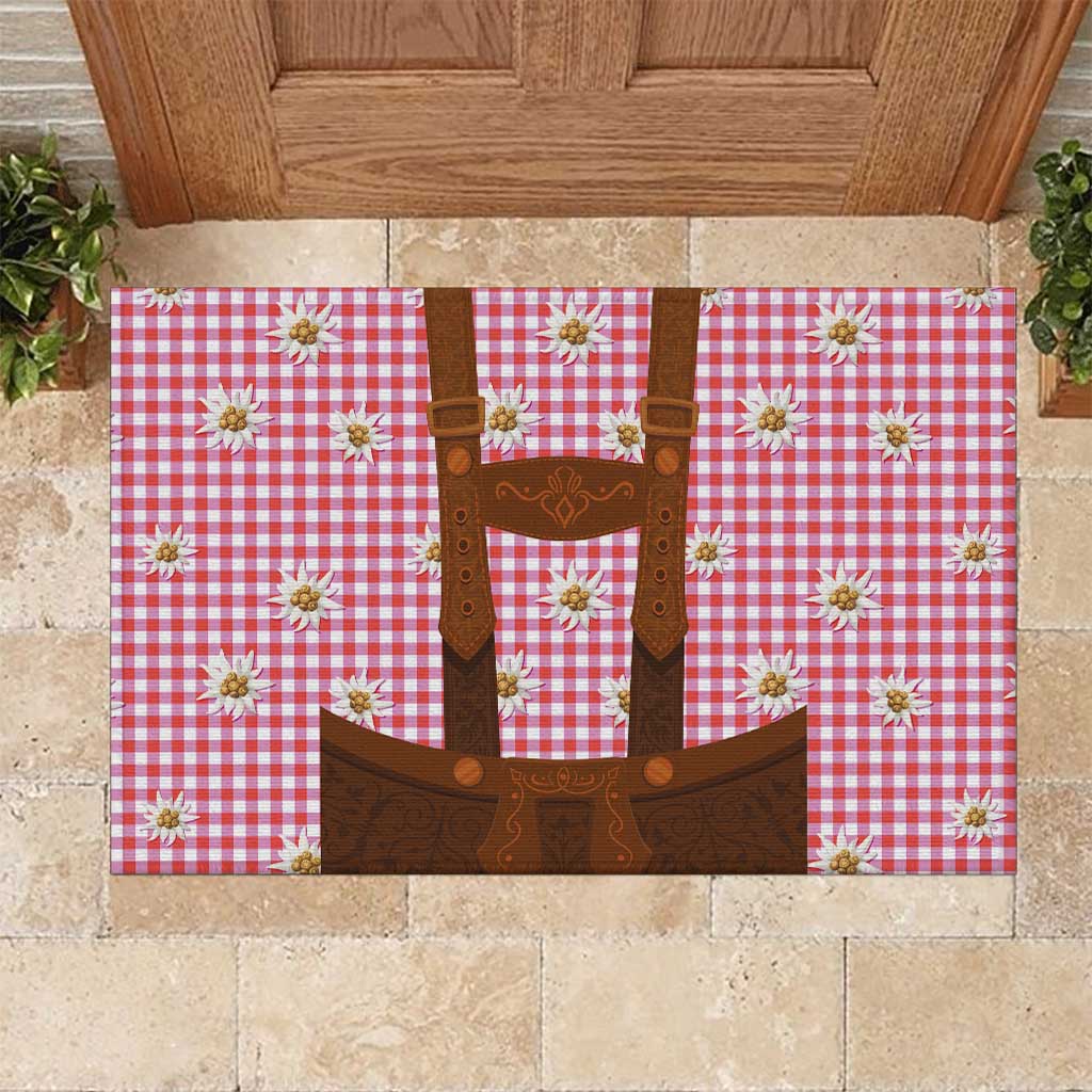 Traditional German Costume - Lederhosen Rubber Doormat Red Plaid Pattern with Edelweiss Flowers - Wonder Print Shop