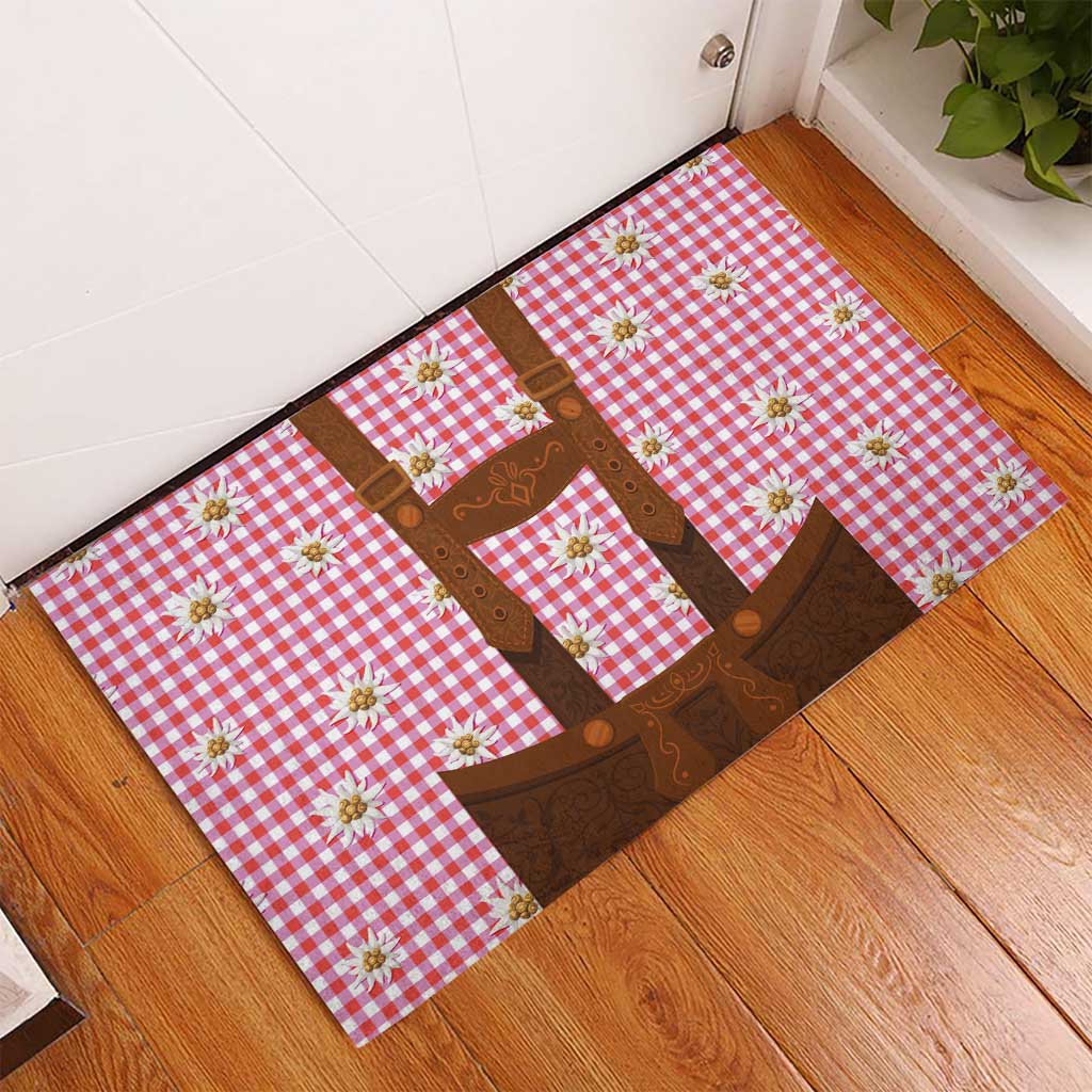 Traditional German Costume - Lederhosen Rubber Doormat Red Plaid Pattern with Edelweiss Flowers - Wonder Print Shop