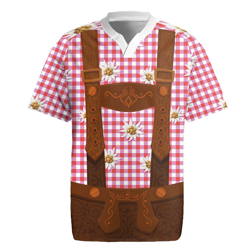 Traditional German Costume - Lederhosen Rugby Jersey Red Plaid Pattern with Edelweiss Flowers - Wonder Print Shop