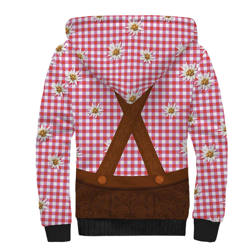 Traditional German Costume - Lederhosen Sherpa Hoodie Red Plaid Pattern with Edelweiss Flowers - Wonder Print Shop