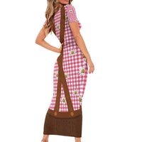 Traditional German Costume - Lederhosen Short Sleeve Bodycon Dress Red Plaid Pattern with Edelweiss Flowers - Wonder Print Shop