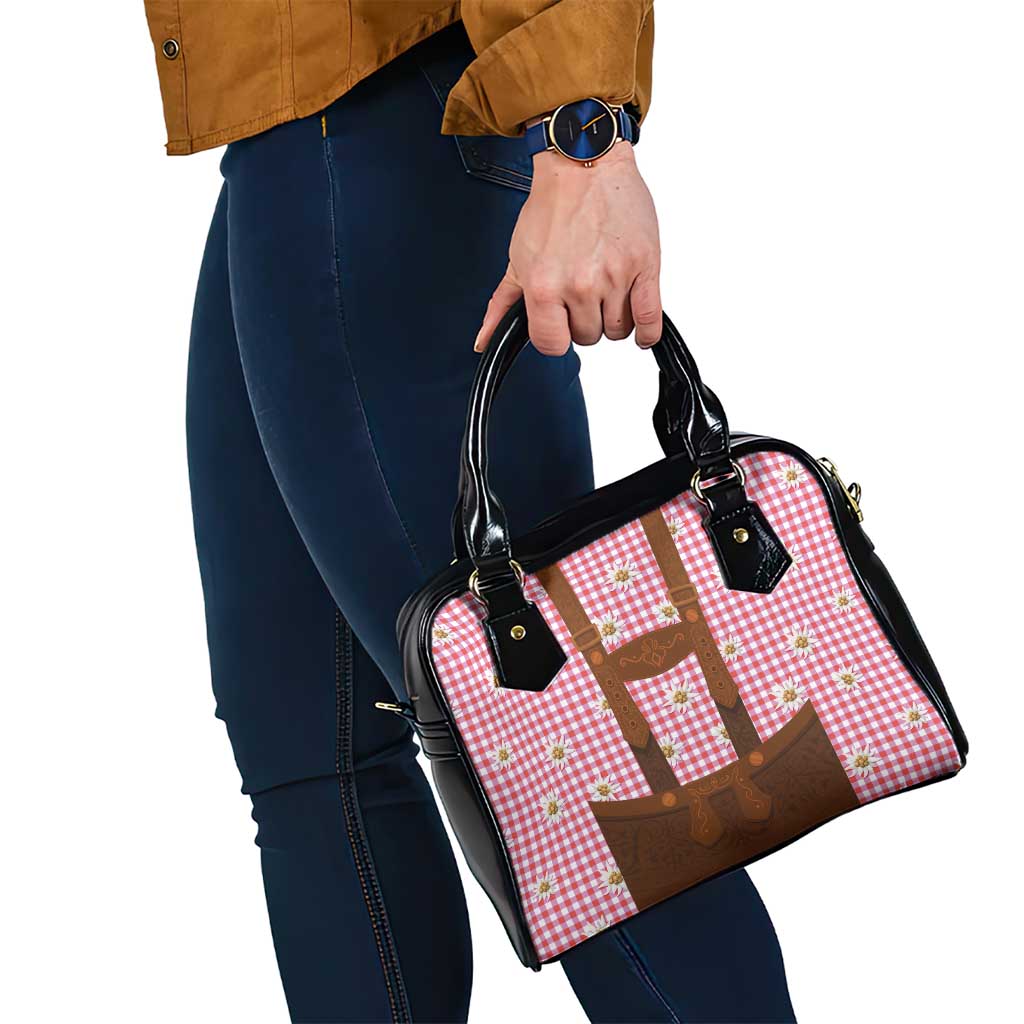 Traditional German Costume - Lederhosen Shoulder Handbag Red Plaid Pattern with Edelweiss Flowers - Wonder Print Shop