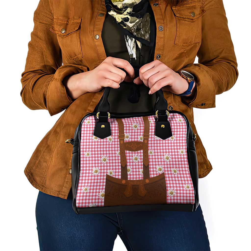 Traditional German Costume - Lederhosen Shoulder Handbag Red Plaid Pattern with Edelweiss Flowers - Wonder Print Shop