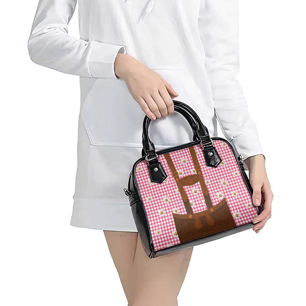 Traditional German Costume - Lederhosen Shoulder Handbag Red Plaid Pattern with Edelweiss Flowers - Wonder Print Shop