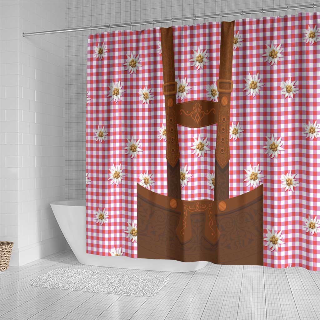 Traditional German Costume - Lederhosen Shower Curtain Red Plaid Pattern with Edelweiss Flowers - Wonder Print Shop