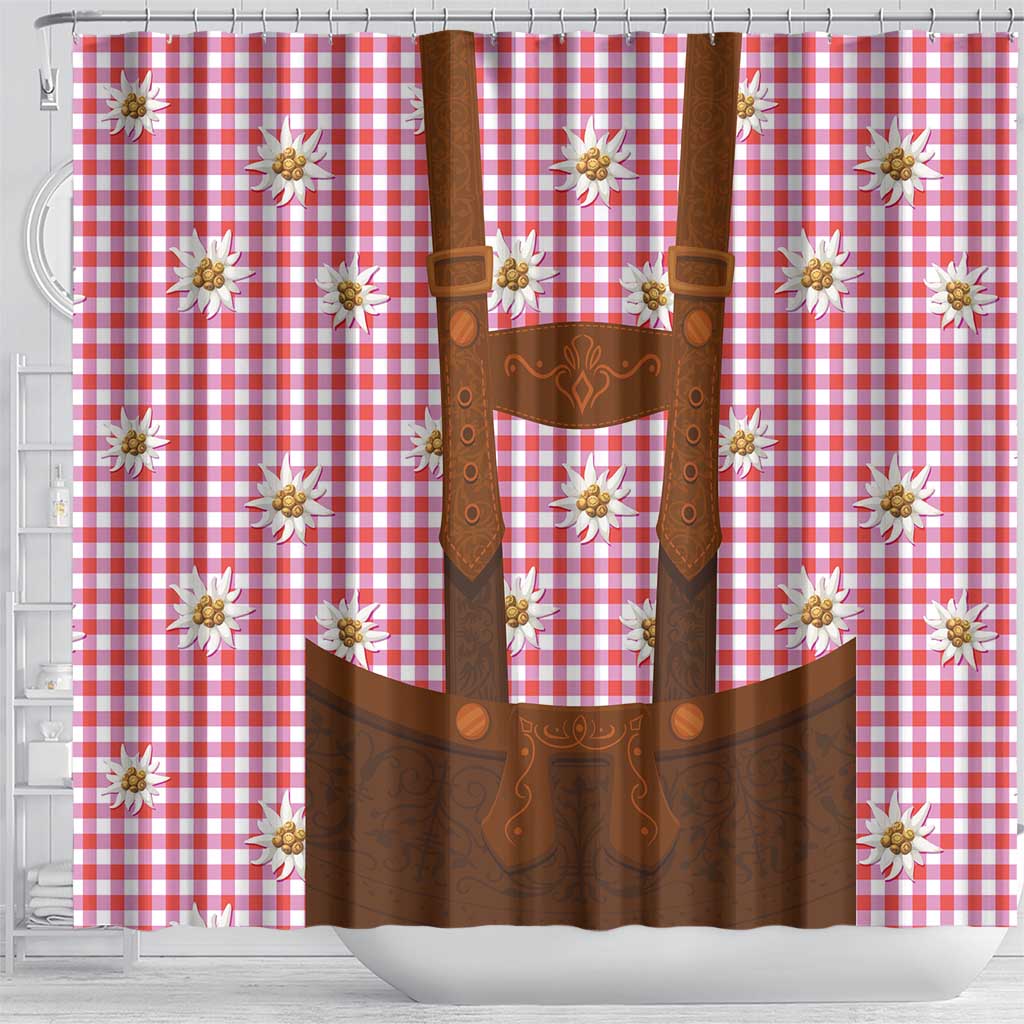 Traditional German Costume - Lederhosen Shower Curtain Red Plaid Pattern with Edelweiss Flowers - Wonder Print Shop
