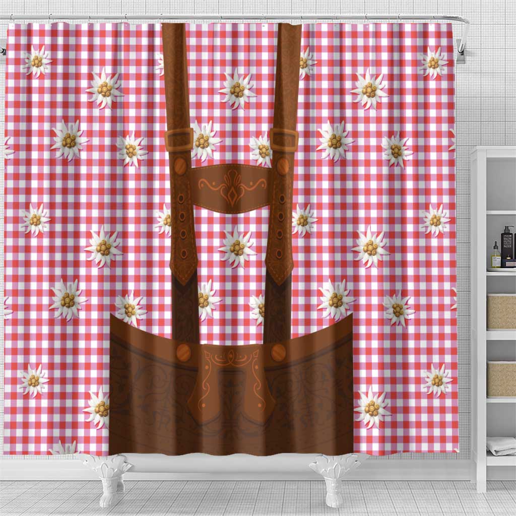 Traditional German Costume - Lederhosen Shower Curtain Red Plaid Pattern with Edelweiss Flowers - Wonder Print Shop