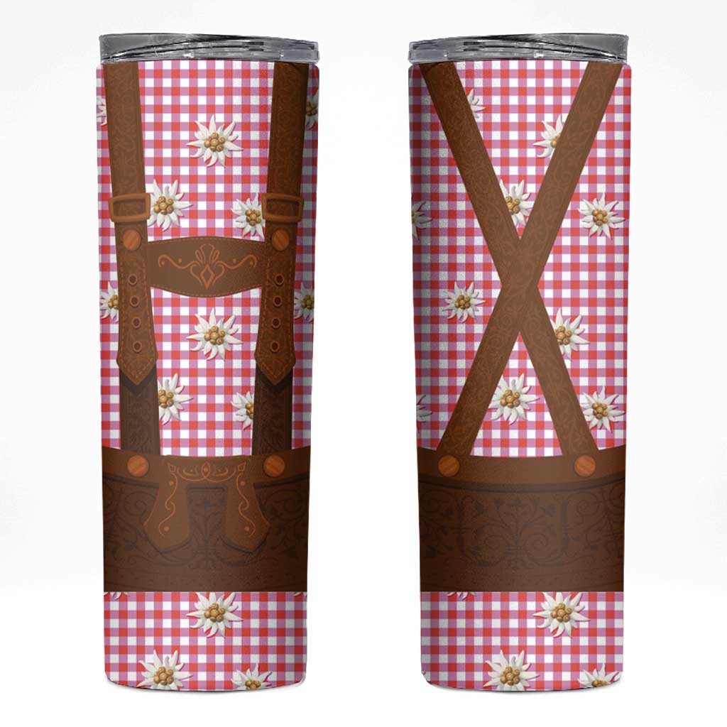 Traditional German Costume - Lederhosen Skinny Tumbler Red Plaid Pattern with Edelweiss Flowers - Wonder Print Shop